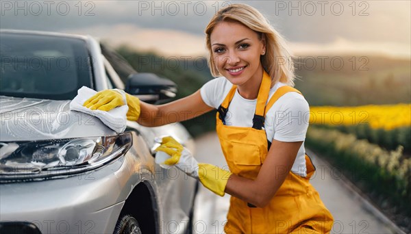 AI generated, A blonde woman washes a car by hand, silver sports car