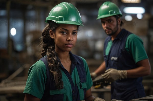 Determined looking african female worker with braided hair in green with a male colleague behind her in a factory, women at heavy industrial contruction jobs, AI generated