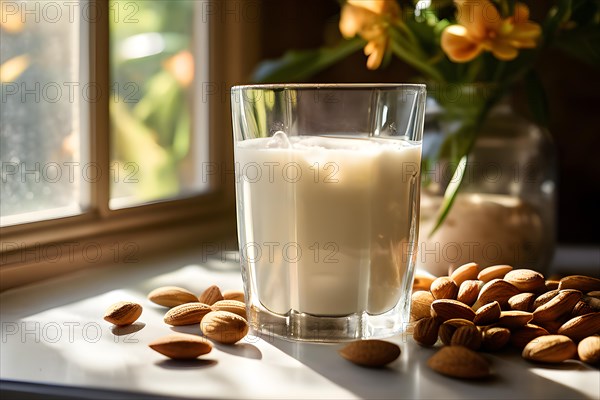 Almond milk cascades into a glass backlight from a sunlit window casting a warm glow on the scatter, AI generated