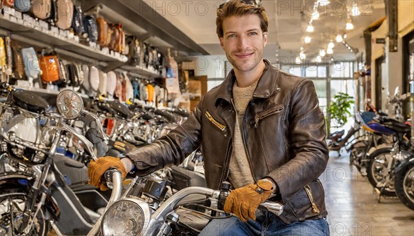 AI generated, A young man buys a motorbike