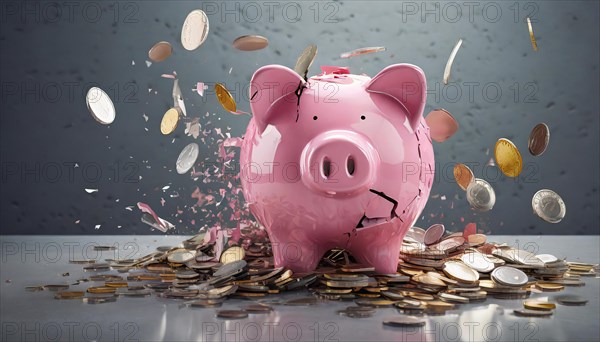 AI generated, A pink piggy bank full of coins breaks apart