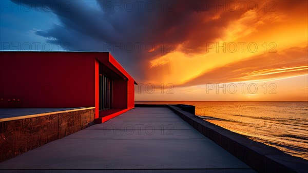 Architectural minimalism capturing red walls in a beautiful sunrise at a coast, AI generated