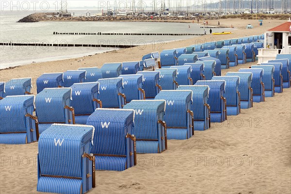 Blue beach chairs on the Baltic Sea, Kuehlungsborn, Mecklenburg-Vorpommern, Germany, Europe