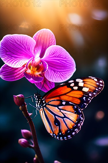 Butterfly alighting on a vivid orchid epitome, AI generated