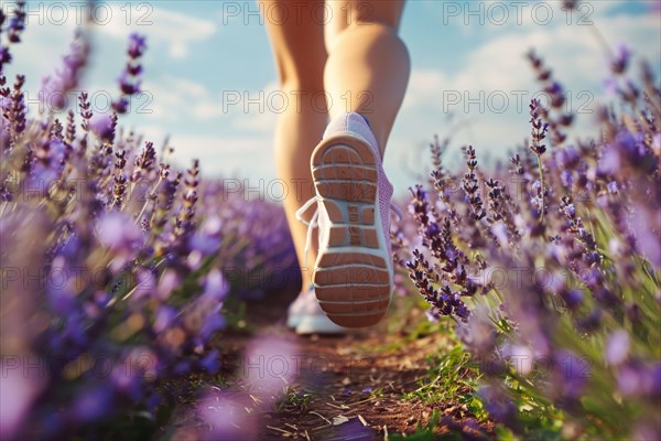 Back view of woman's legs with sport shoes jogging in through vield of purple lavender flowers. KI generiert, generiert AI generated