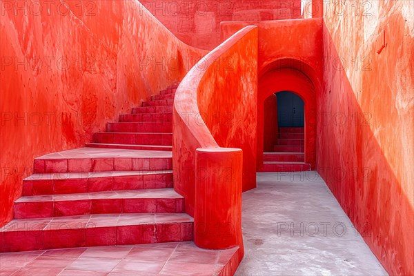 Vibrant red curved stairway leading to a shaded passageway, creating a bold architectural statement, AI generated