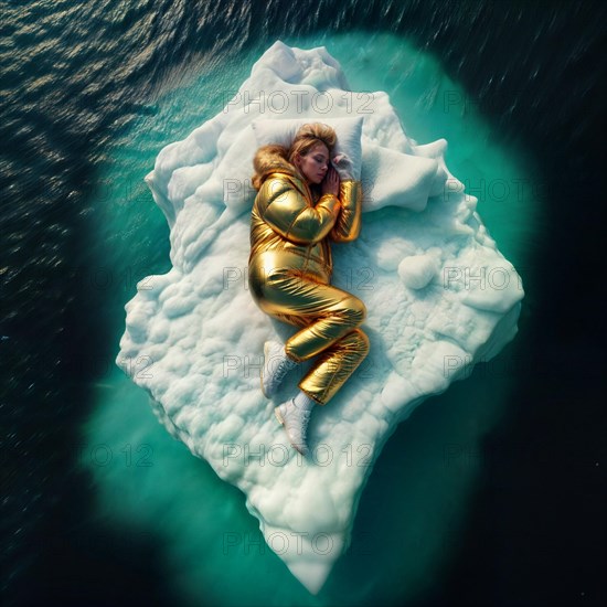 Woman in yellow golden puffer jacket lies on a block of ice alone in the middle of the ocean sea. Environmental issue, climate change agenda, AI generated