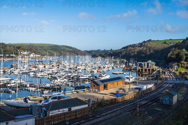 Darthaven Marina and Kingswear Railway Line over River Dart, Devon, England, United Kingdom, Europe