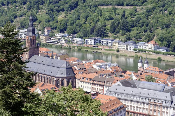 Aerial view of a city on the river (Neckar), with historical buildings and bridge, Heidelberg, Baden-Wuerttemberg, Germany, Europe