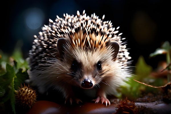 European hedgehog curled into a defensive ball spikes sharply protruding, AI generated