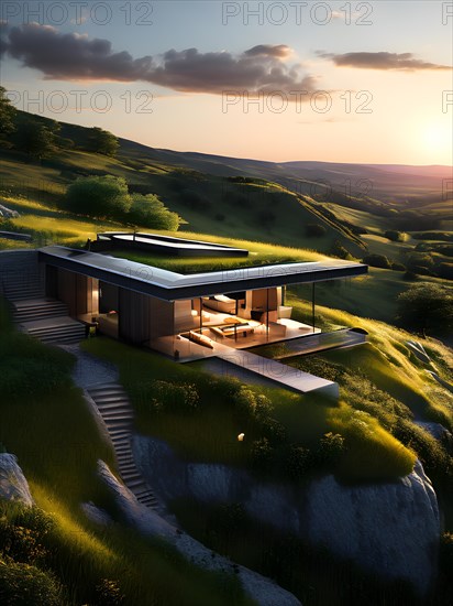 House nestled within a hillside grass blanketed roof harmonizing with the landscape, AI generated, building, architecture, modern