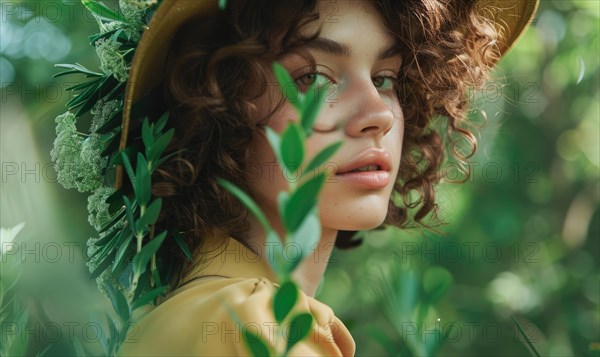Close-up portrait of a woman in a hat, framed by lush greenery and a tranquil expression AI generated