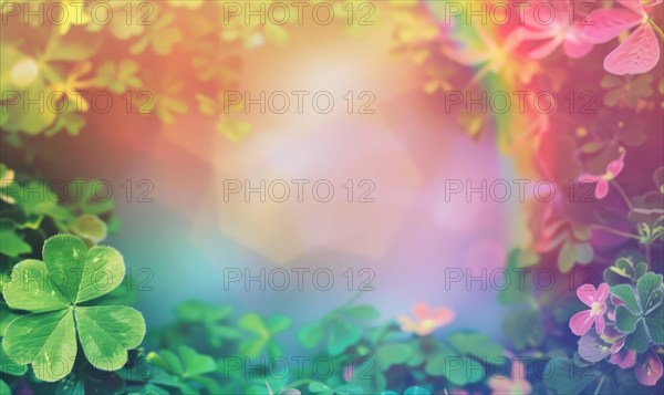 Glowing sunlight filters through vibrant green clovers with soft pink details, creating an ethereal look AI generated