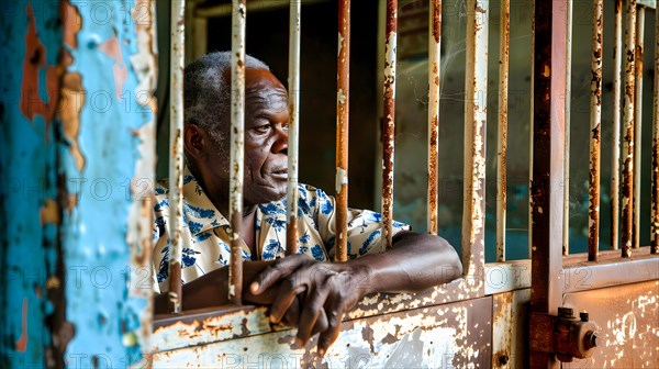 A black older man with grey hair looks through the bars of his prison cell, AI generated, AI generated
