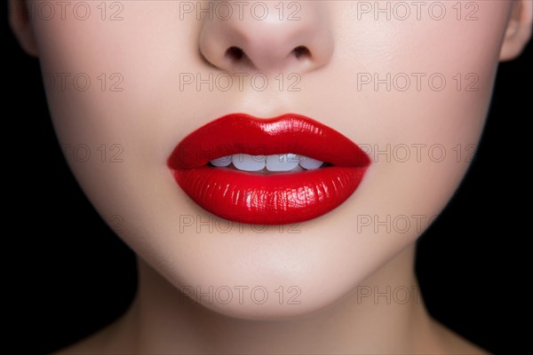 Close up of woman's mouth with bright red lipstick and white teeth in front of black background. KI generiert, generiert AI generated