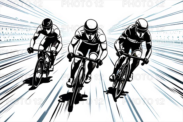 Line art black and white cyclist in velodrome, AI generated