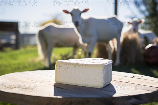 Piece of goat cheese on wooden table with goats on meadow in blurry background. KI generiert, generiert AI generated