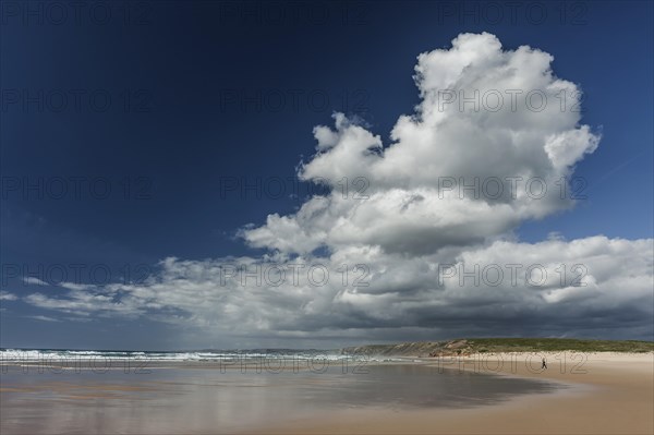 Algarve beach, wide, clear, blue sky, cloud, summer holiday, beach holiday, sea, ocean, Atlantic, Atlantic Ocean, sandy beach, coast, Atlantic coast, national park, geography, climate, travel, neutral, empty, sun, nature, natural landscape, beach landscape, surfer beach, Aljezur, Carrapateira, Sagres, Portugal, Europe