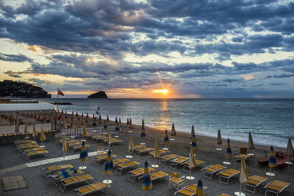 Empty beach and beach loungers, sunrise, Spotorno, Riviera di Ponente, Liguria, Italy, Europe