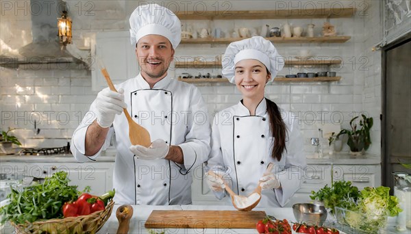 AI generated, Two attractive chefs in the kitchen of a hotel, man and woman