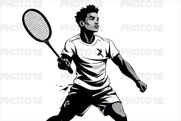 Athlete playing badminton, black and white illustration, AI generated