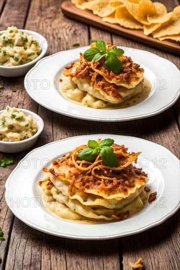 The rustic wooden table groans under the weight of the thick Maultaschen, garnished with golden-yellow, crispy onions, Ai generated