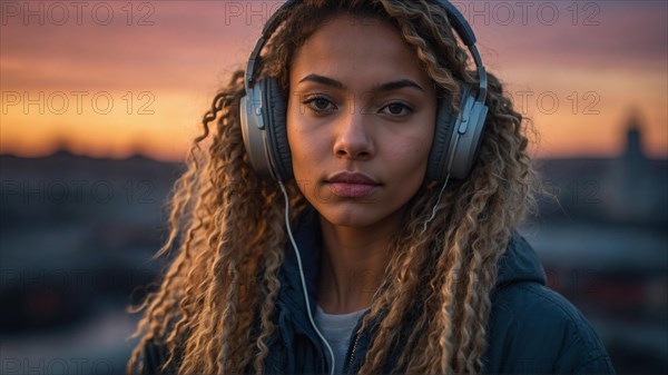 Serious-looking Mixed-race blonde woman with headphones stands before a cityscape at sunrise, bokeh blurred background, horizontal aspect ratio, AI generated