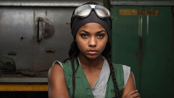 A confident young woman with pilot goggles stands in a vintage-style workshop, feminine power and rights concept, AI generated