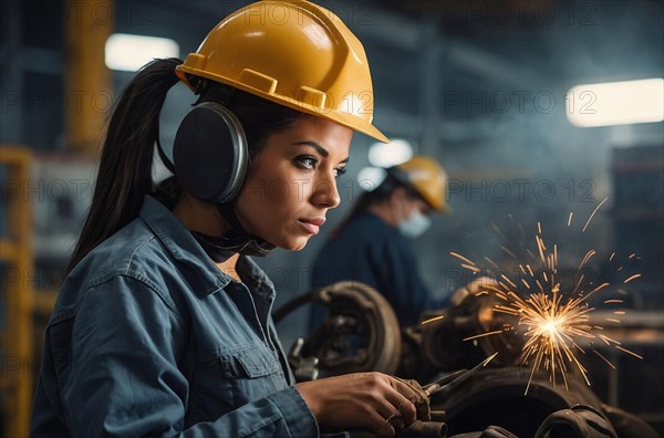 A focused female worker in safety gear welds a piece of metal, sparks flying around her, women at heavy industrial jobs, feminine power and rights concept, blurry selective focus background, bokeh, AI generated