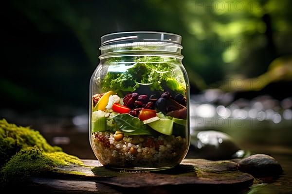 Mason jar salad featuring layers of quinoa mixed greens nuts and dried fruits, AI generated