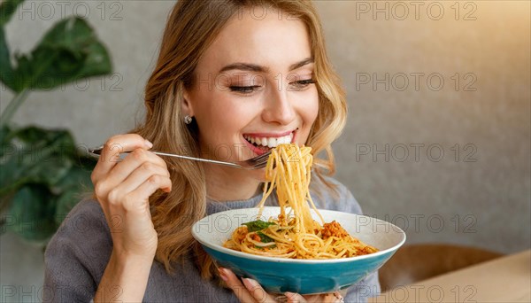 AI generated, A woman eats a plate of spaghetti with relish