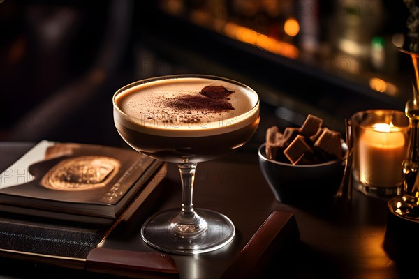A rich espresso martini nestled on a cafe bar, AI generated