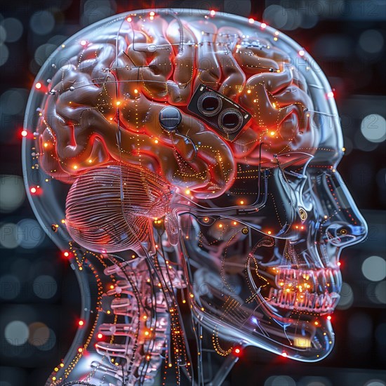 Medical a human head with brain and computer chip, symbol image KI in the human brain, ai generated, AI generated