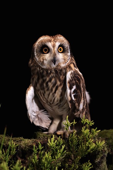 Short-eared owl (Asio flammeus), adult, at night, perch, calling, Great Britain