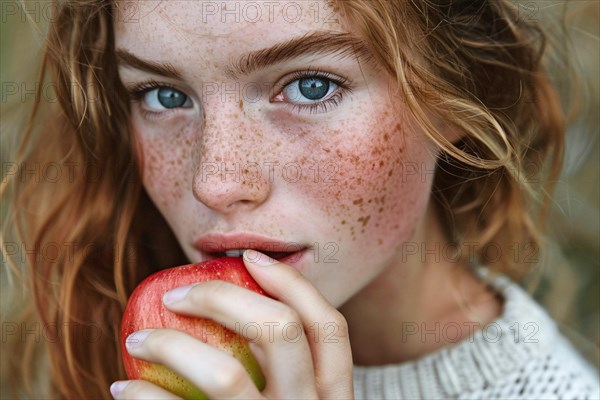 Close up of woman eating red apple fruit. KI generiert, generiert AI generated