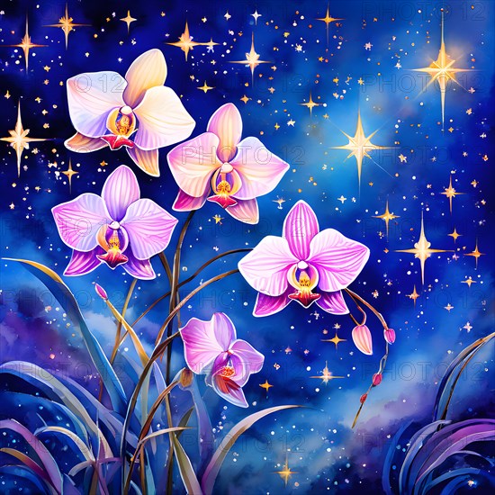 Watercolor painting orchids blooming against a tapestry of a star spangled night sky, AI generated