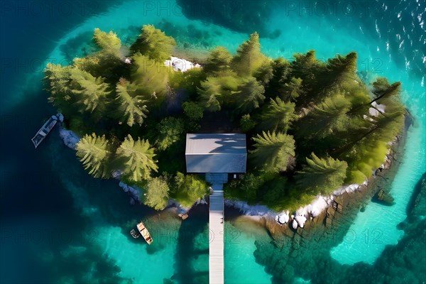 Drone view top down perspective of a minimalist cabin solitary on a secluded island, AI generated, building, architecture, modern