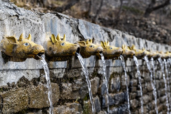 Water fountains, Vishnu temple, Mutinath valley, Kingdom of Mustang, Nepal, Asia