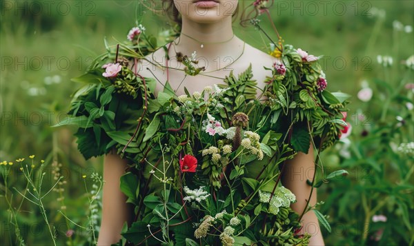 Woman enveloped in a dress made of greenery and flowers AI generated