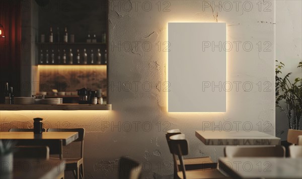 A dimly lit dining space with an empty backlit frame creating a cozy and stylish atmosphere AI generated