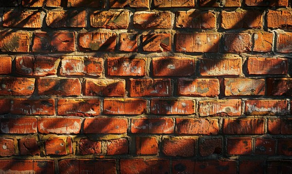 Rustic charm exuded by warm sunlight casting shadows on a textured red brick wall AI generated