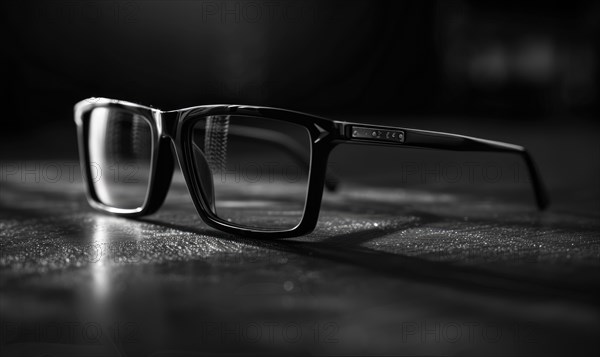Side view of black framed eyeglasses on a wooden surface in monochrome AI generated