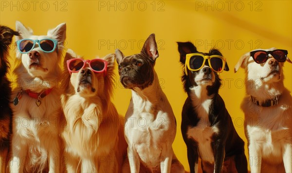 Row of dogs with sunglasses looking cool against a yellow background AI generated
