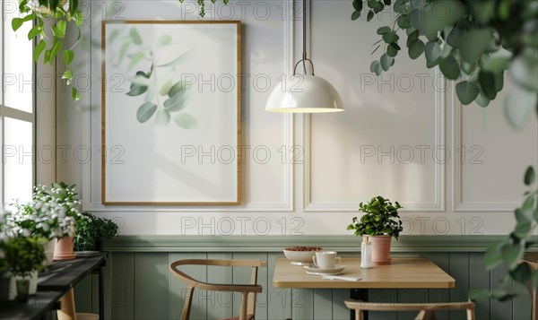 A modern cafe scene with framed image and indoor plants under calming pendant lighting AI generated