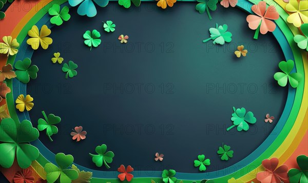Decorative border featuring a cheerful rainbow surrounded by clovers and flowers AI generated