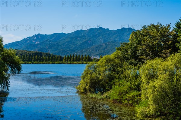 A picturesque lake set against mountains and a vivid blue sky, in South Korea