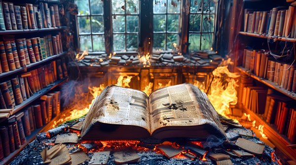 Symbolic image for a book burning, a large heavy old book printed with many pages, starts to burn in a library, AI generated, AI generated