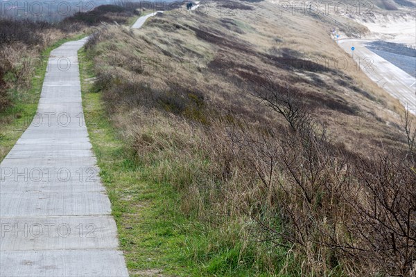 A path winds through the dunes and dry grass under a cloudy sky