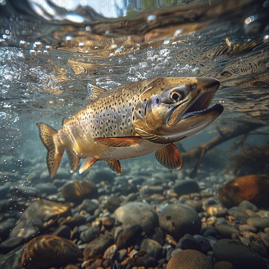 Salmon (Salmo salar) on the migration and swim up a stream in shallow, clear water, ai generiert, AI generated