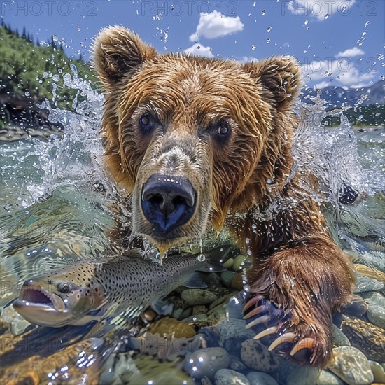A brown bear hunts salmon in shallow clear water, AI generated